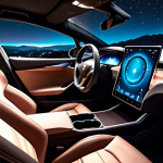 **Prompt:** Sleek Tesla Model 3 interior, upgraded dashboard with wood trim, ambient lighting glowing softly, luxurious leather seats, nighttime scene, evoking a sense of high-end comfort and futuristic technology.