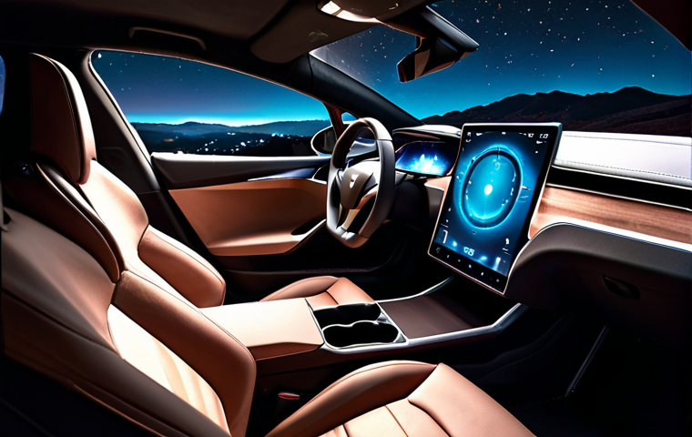 **Prompt:** Sleek Tesla Model 3 interior, upgraded dashboard with wood trim, ambient lighting glowing softly, luxurious leather seats, nighttime scene, evoking a sense of high-end comfort and futuristic technology.