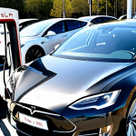 Supercharger Efficiency**

"A fully clothed, professional Japanese woman uses a Tesla app on her smartphone at a Supercharger station. The scene is bright daylight. The app displays real-time charging rates and availability. A Tesla car is charging in the background. Safe for work, appropriate content, perfect anatomy, natural pose, high quality."

**