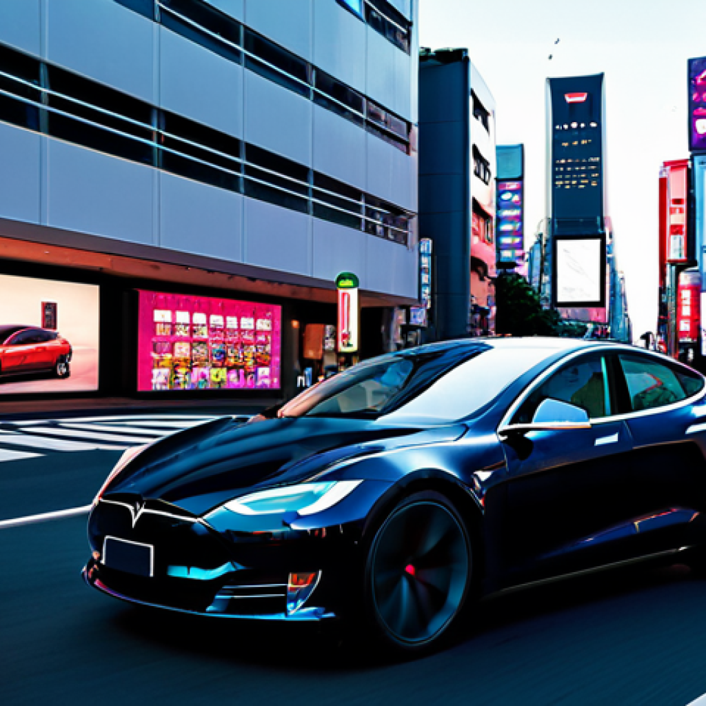 테슬라 오토파일럿과 풀 셀프 드라이빙 차이 - **Prompt:** A sleek, futuristic Tesla driving through a vibrant, modern Tokyo cityscape at dusk, sur...