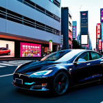 테슬라 오토파일럿과 풀 셀프 드라이빙 차이 - **Prompt:** A sleek, futuristic Tesla driving through a vibrant, modern Tokyo cityscape at dusk, sur...