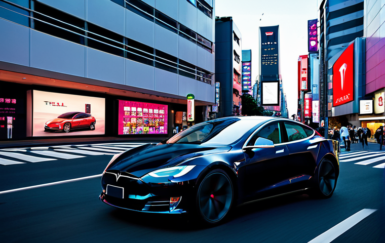 테슬라 오토파일럿과 풀 셀프 드라이빙 차이 - **Prompt:** A sleek, futuristic Tesla driving through a vibrant, modern Tokyo cityscape at dusk, sur...