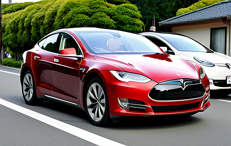 테슬라 오토파일럿과 풀 셀프 드라이빙 차이 - **Prompt:** A sleek, futuristic Tesla driving through a vibrant, modern Tokyo cityscape at dusk, sur...