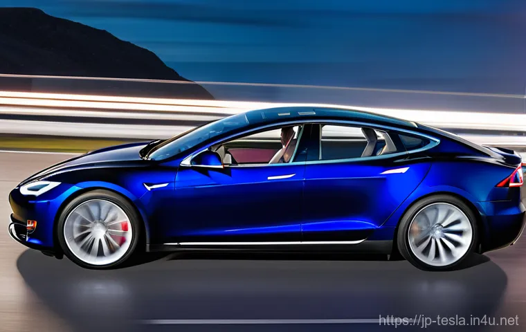테슬라 모델 S의 고속 주행 성능 - **Prompt: "Dynamic Sci-Fi Acceleration"**
    A sleek, modern Tesla Model S in a deep metallic blue,...