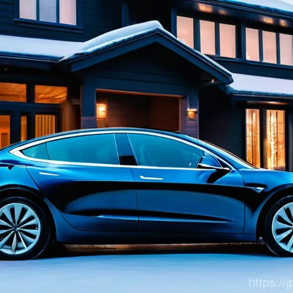 테슬라 전기차의 겨울철 배터리 관리 - **Prompt:** A cinematic, eye-level shot of a sleek Tesla Model 3 (or Model Y) parked on a snow-cover...