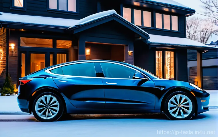 테슬라 전기차의 겨울철 배터리 관리 - **Prompt:** A cinematic, eye-level shot of a sleek Tesla Model 3 (or Model Y) parked on a snow-cover...