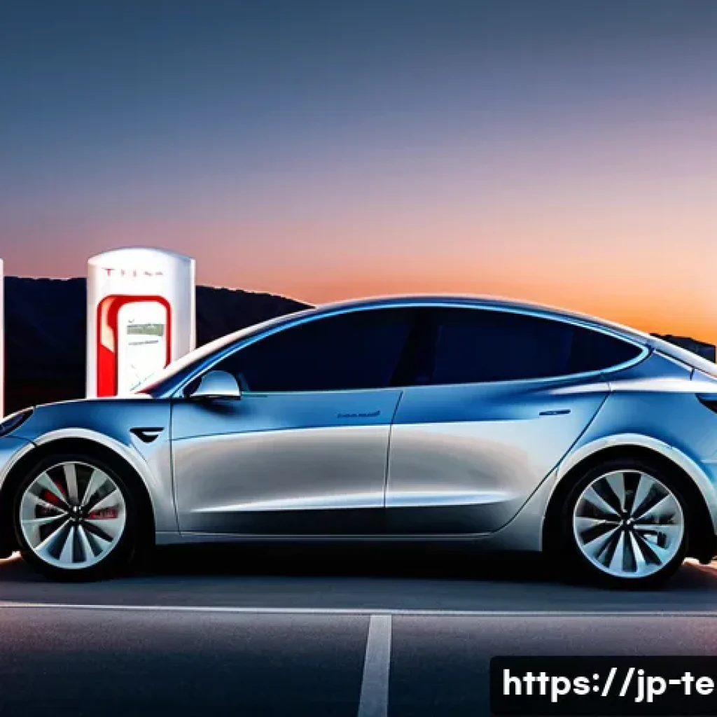 테슬라 전기차의 충전소 위치 확인 방법 - **Prompt:** A sleek, modern Tesla Model 3 (or Model Y) is parked at a futuristic Supercharger statio...