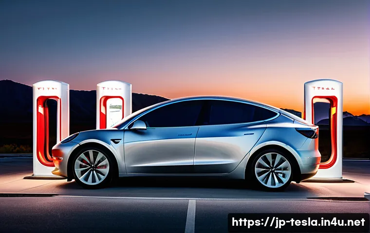 테슬라 전기차의 충전소 위치 확인 방법 - **Prompt:** A sleek, modern Tesla Model 3 (or Model Y) is parked at a futuristic Supercharger statio...