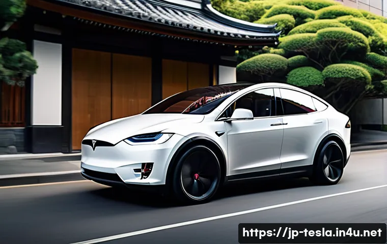 테슬라 모델 X의 중고차 구매 팁 - A sleek Tesla Model X parked in a modern Japanese urban setting during daytime, highlighting its cle...