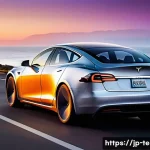 테슬라 전기차의 친환경 기술 - A sleek, futuristic Tesla Model S electric car speeding along a coastal highway at sunset, showcasin...