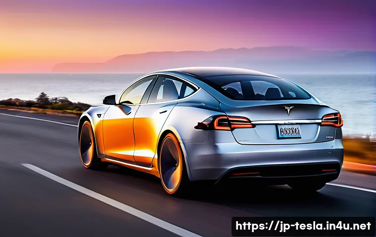 테슬라 전기차의 친환경 기술 - A sleek, futuristic Tesla Model S electric car speeding along a coastal highway at sunset, showcasin...