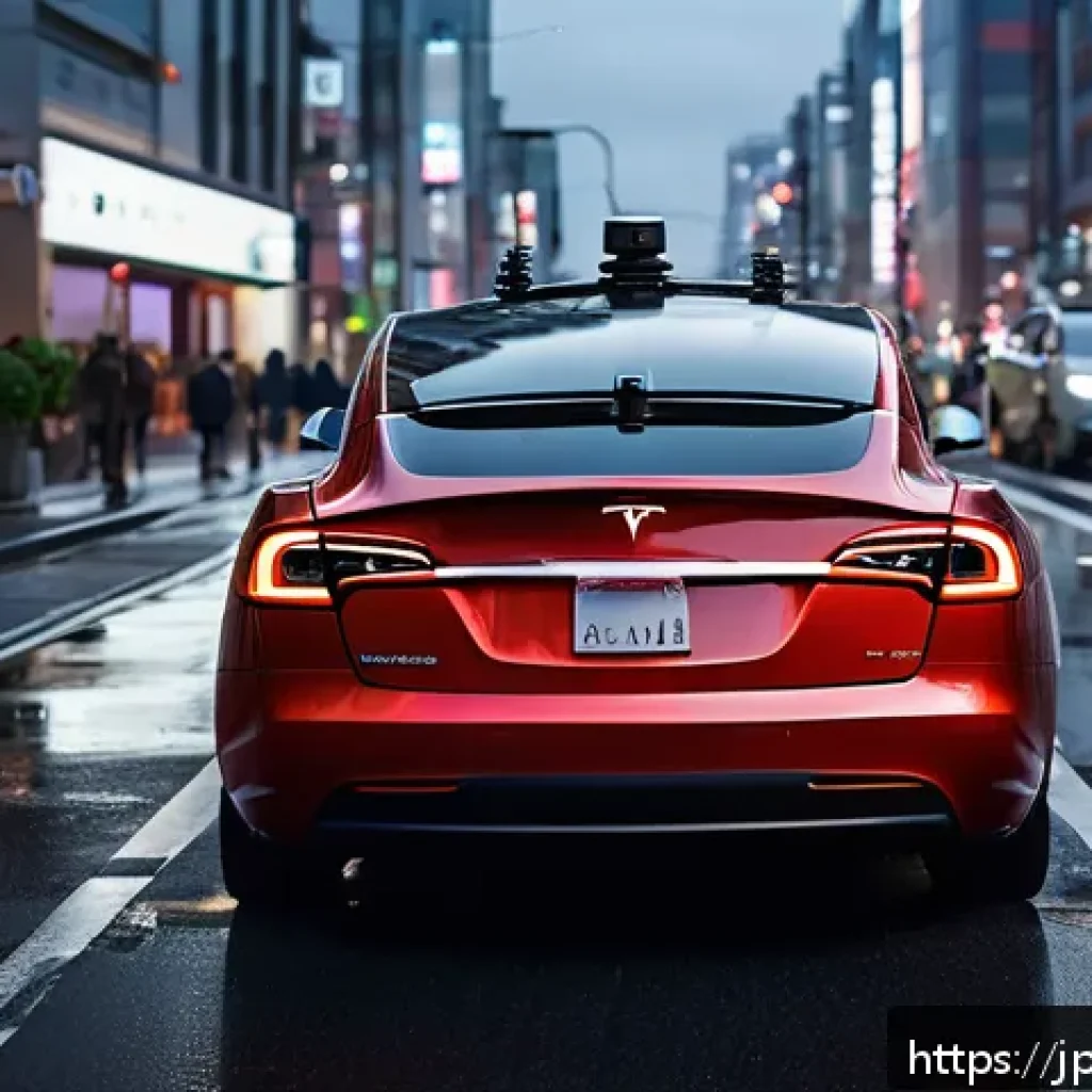 테슬라 전기차의 자율주행 혁신 사례 - A futuristic Tesla electric car navigating a busy urban environment with diverse sensor arrays visib...