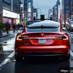 테슬라 전기차의 자율주행 혁신 사례 - A futuristic Tesla electric car navigating a busy urban environment with diverse sensor arrays visib...