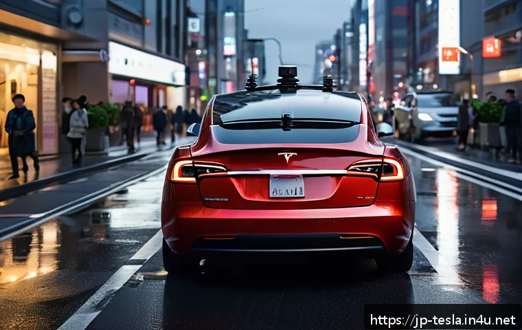 테슬라 전기차의 자율주행 혁신 사례 - A futuristic Tesla electric car navigating a busy urban environment with diverse sensor arrays visib...