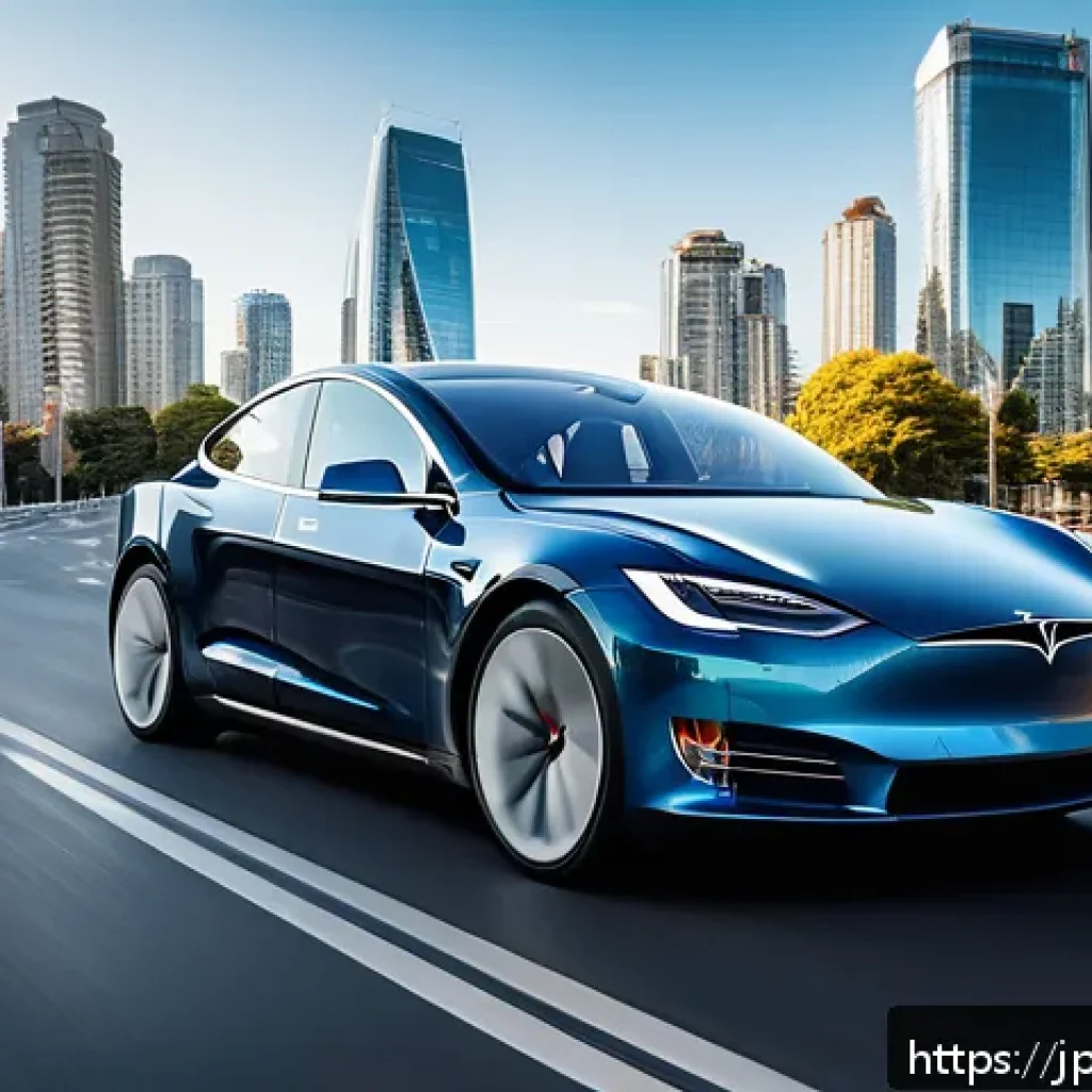 테슬라 차량의 OTA 소프트웨어 업데이트 - A sleek, modern Tesla electric car driving smoothly on a congested urban highway during daytime, sho...