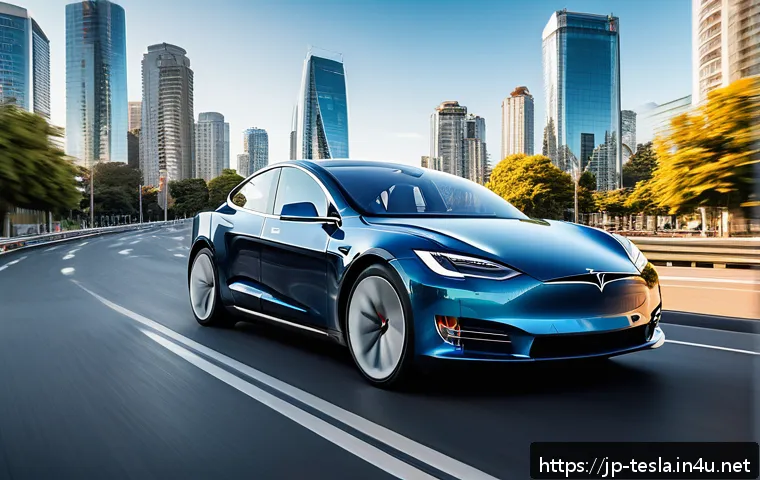 테슬라 차량의 OTA 소프트웨어 업데이트 - A sleek, modern Tesla electric car driving smoothly on a congested urban highway during daytime, sho...