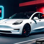 테슬라 전기차 충전 시간 분석 - A sleek Tesla Model 3 Performance parked at a futuristic Supercharger V3 station in a modern Japanes...