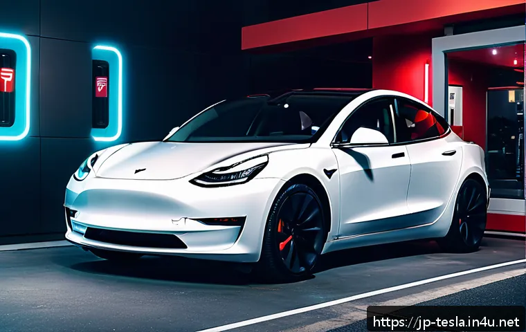 테슬라 전기차 충전 시간 분석 - A sleek Tesla Model 3 Performance parked at a futuristic Supercharger V3 station in a modern Japanes...