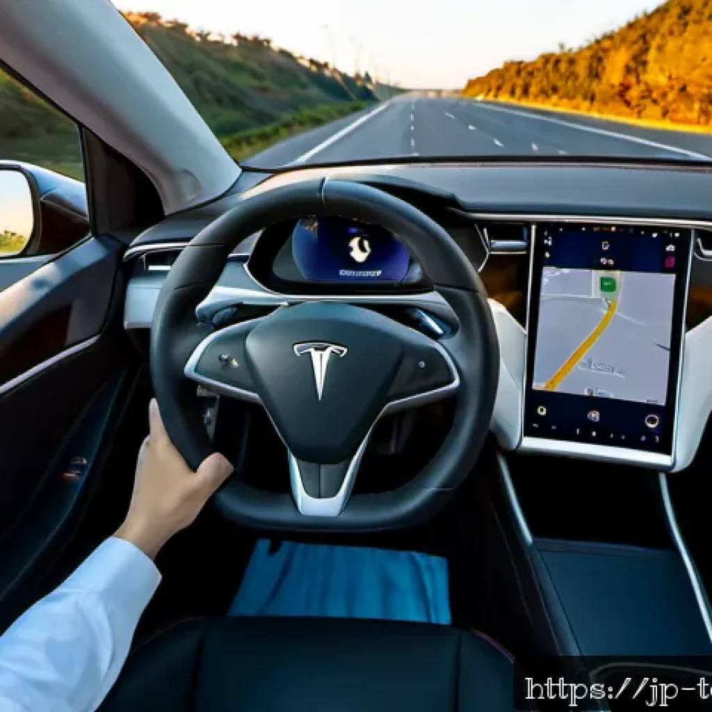 테슬라 모델 S의 주행 보조 시스템 - Photorealistic interior of a Tesla Model S driving-assistance system in action on a modern Japanese ...