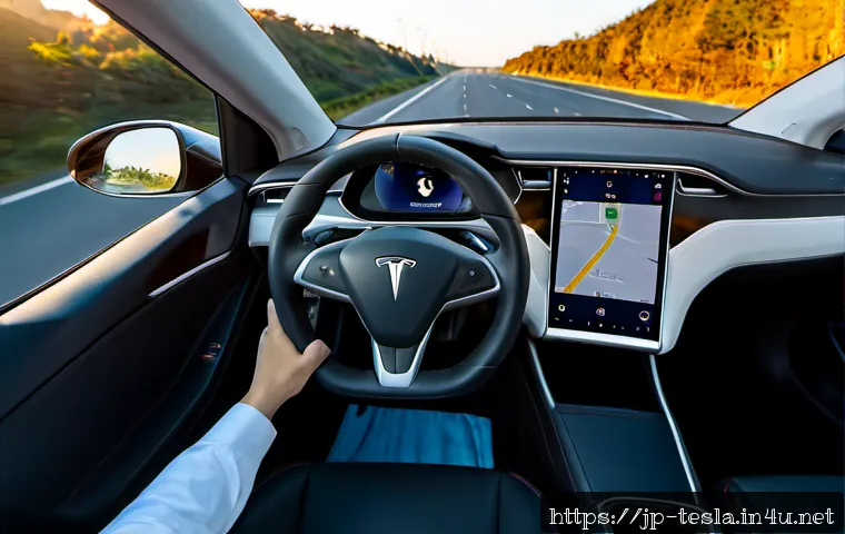 테슬라 모델 S의 주행 보조 시스템 - Photorealistic interior of a Tesla Model S driving-assistance system in action on a modern Japanese ...