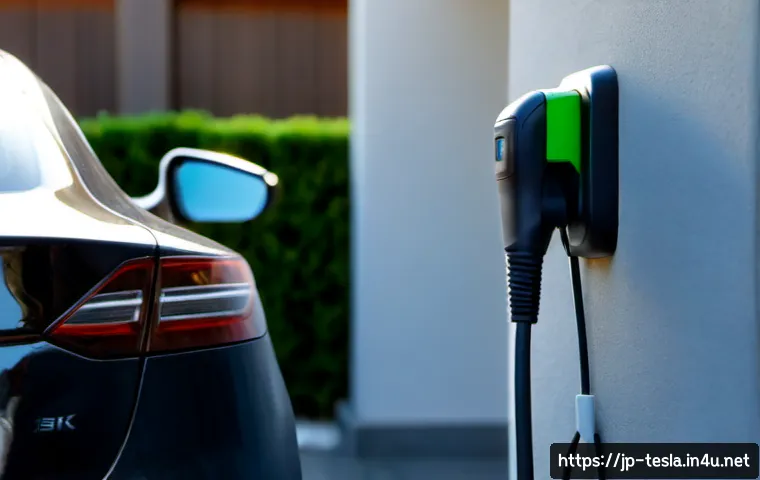 테슬라 전기차 충전 케이블 관리 팁 - Photorealistic close-up of a clean electric vehicle charging cable neatly coiled on a wall-mounted h...